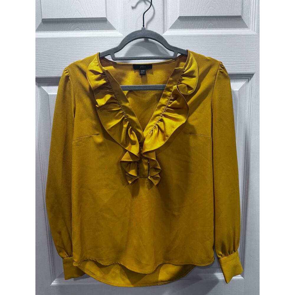 J Crew Golden Ruffle Neck Blouse XXS Long Sleeve